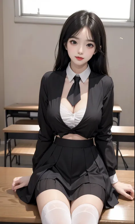 Special clothes52,pleated skirt,necktie,thighhighs,  (knee shot), (8K, original photo, lifelike:1.25),(inside the classroom, sitting on desk), Warm colors, Color saturation, ( lip gloss, eyelash, Grossas, shiny skin, best quality, ultra high definition, de...