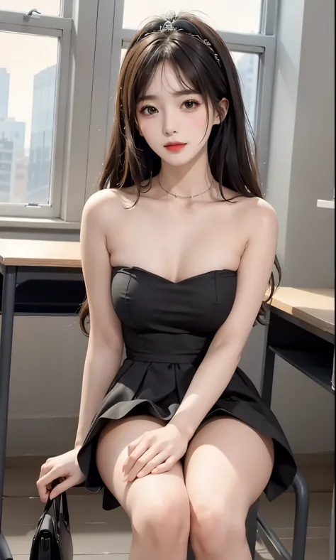 Special clothes46,strapless dress, (knee shot), (8K, original photo, lifelike:1.25),(inside the classroom, sitting on desk), Warm colors, Color saturation, ( lip gloss, eyelash, Grossas, shiny skin, best quality, ultra high definition, depth of field, Colo...