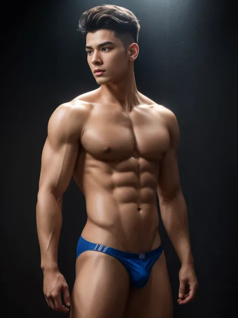 (ultra-realistic, highres ,best quality, masterpiece:1.2), asian, full body, 18-year-old male posing for photoshoot, wearing only small underwear, detailed facial features, detailed eyes, detailed hands, long eyelashes, no facial hair, young, slim physique...