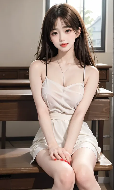 bare shoulders, dress,, (knee shot), (8K, original photo, lifelike:1.25),(inside the classroom, sitting on desk), Warm colors, Color saturation, ( lip gloss, eyelash, Grossas, shiny skin, best quality, ultra high definition, depth of field, Color differenc...