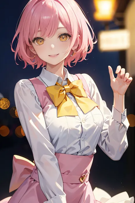 masterpiece, best quality, short hair, pink hair, close up, yellow eyes, Smile, , bow tie, White shirt, night, Bokeh, outdoor,