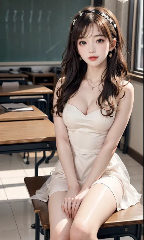 Romantic Rosette dress2,, (knee shot), (8K, original photo, lifelike:1.25),(inside the classroom, sitting on desk), Warm colors, Color saturation, ( lip gloss, eyelash, Grossas, shiny skin, best quality, ultra high definition, depth of field, Color differe...