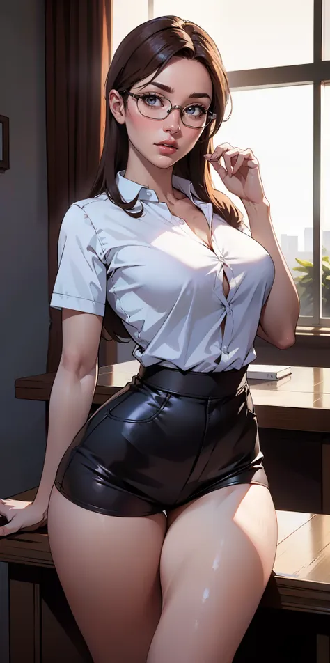 hyper realistic super detailed sexy  professora , sentada na mesa blusa aberta , oculos pernas cruzadas salto alto