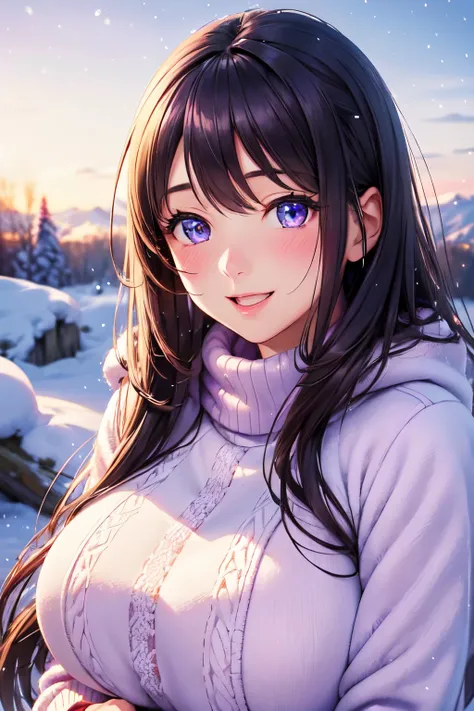 (High quality, High resolution, Fine details), Realistic, snowy landscape, (purple Winter Warm Clothes), solo, curvy women, sparkling eyes, (Detailed eyes:1.2), (smile), blush, Open Mouth, (Hot Breath:1.2), shallow depth of field