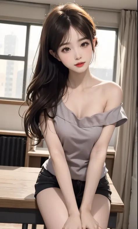 special clothes34,bare shoulders,shirt,  (knee shot), (8k, original photo, lifelike:1.25),(inside the classroom, sitting on desk...