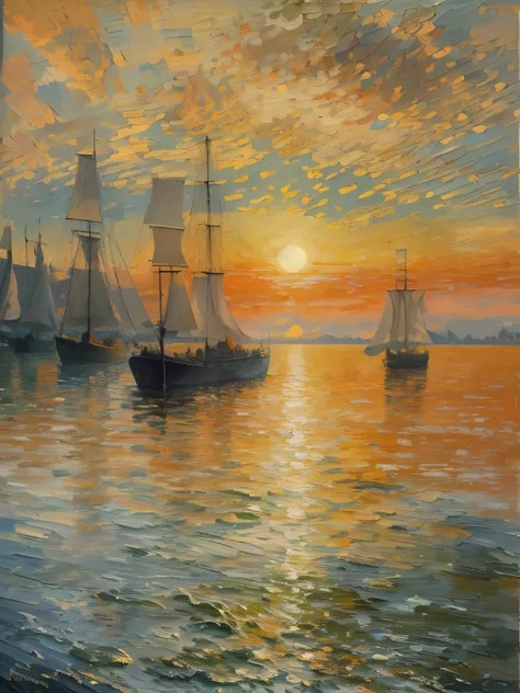 an oil painting：《Sunrise·Impression》.Claude Monet art style