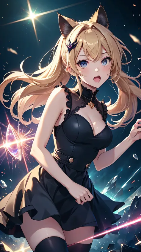 highest quality、Highest image quality、masterpiece、teenage girl((18-year-old、 Agar、vest bust、medium bust,wide open breast tea、golden eyes, blonde、ponytail、slender,highest valley、black dress、red nail polish、gothic loli fashion、vampire teeth、black underwear、o...