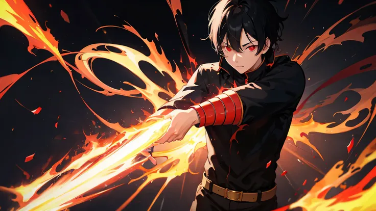 1boy, black hair, red eyes, fire witch, blood, light particles, light rays, wallpaper, high contrast, colorful,