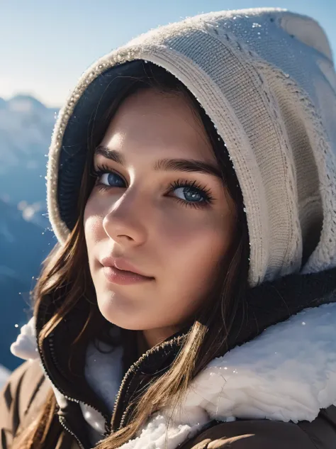 A 23 year old German girl with a serene expression stands proudly atop a majestic snow-covered mountain, bundled up in warm winter clothes to shield against the chill. Their face with pale skin, illuminated by the brilliant sunlight on this beautiful day, ...