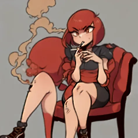 A girl with short red hair sits and smokes