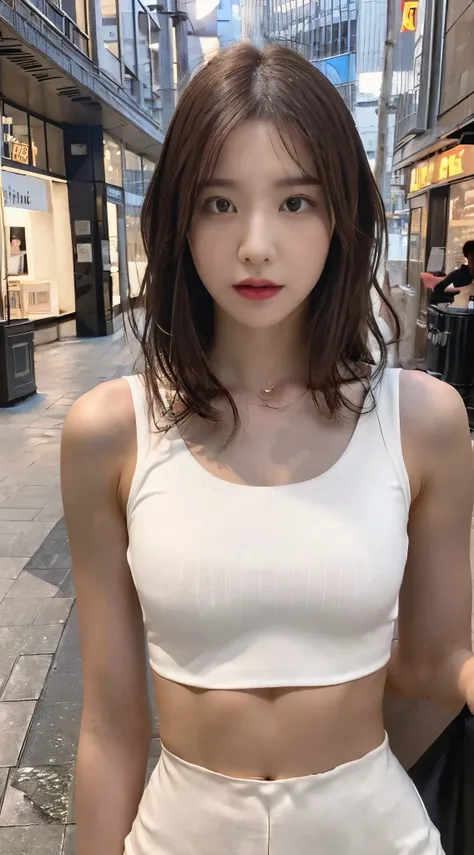 ((realistic lighting, highest quality, 8k, masterpiece: 1.3)), clear focus: 1.2, 1 girl, perfect figure: 1.4, slim abs: 1.1, ((dark brown hair)), (white crop top: 1.4), (outdoor, night: 1.1), city street, super detailed face, fine eyes, double eyelid,