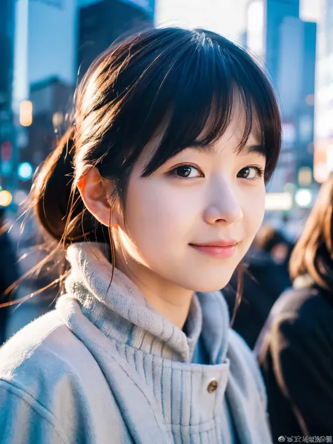 photorealistic, 8k full-length portraits, Beautiful woman, A charming expression, Clear system, 18-year-old, Tokyo, winter, Shibuya in the background