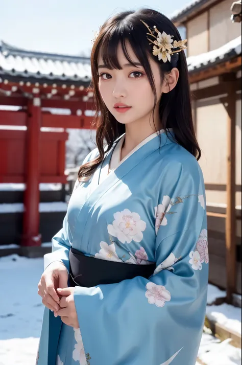 japanese shinto shrines in snowy landscapes, ((a beautiful japanese girl in a kimono for new year's celebration, solo, floral pr...