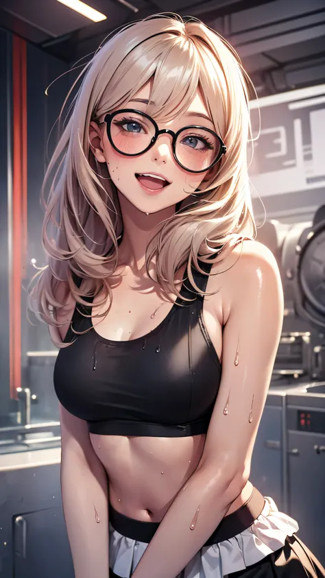 1 female,golden hair,25 years old,(((blue shiny micro tight skirt)))((white tank top))(((blush、open mouth smile)),(((straight hair))),(((portrait))),crowd,,(wet with sweat)(sexy black bra and see-through tank top)(Glasses)(((small breasts)))