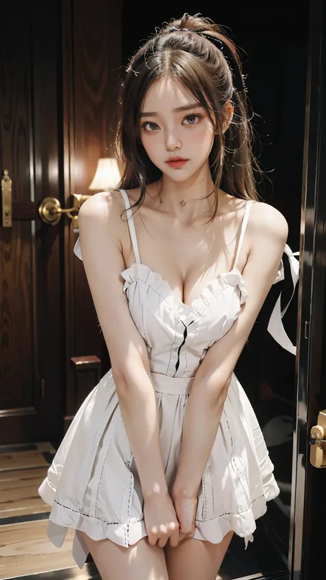 Special clothes58,white dress,pantyhose,green ribbon,striped,, ((knee shot)), Shot from a random perspective, 22-year-old Asian model, slim, Slimming the waist, curlies, high-waist, warm lights, Warm tones Slender legs, Cross ed leg, In the hallway, leanin...