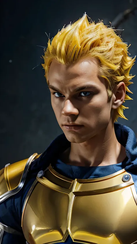 Prince Vegeta (male, golden yellow hair, wearing blue-silver armor). framing:(eye-level angle, upper-body, right-profile). heaven backdrop, studio lighting. (right-profile)
