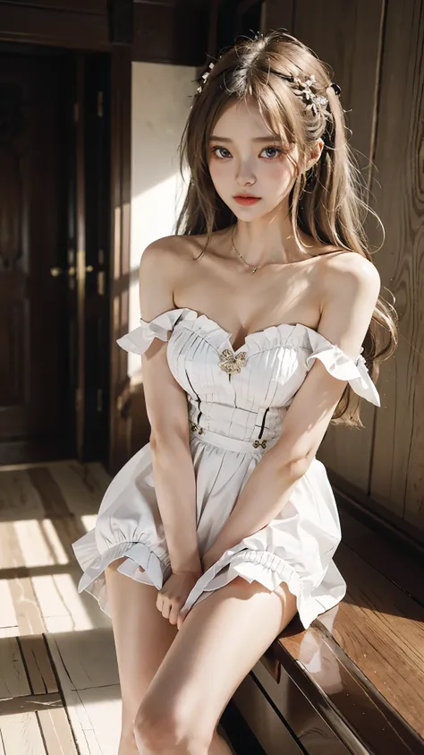 Sweet girl clothes4,strapless dress,jewelry, ((knee shot)), Shot from a random perspective, 22-year-old Asian model, slim, Slimming the waist, curlies, high-waist, warm lights, Warm tones Slender legs, Cross ed leg, In the hallway, leaning against the rail...