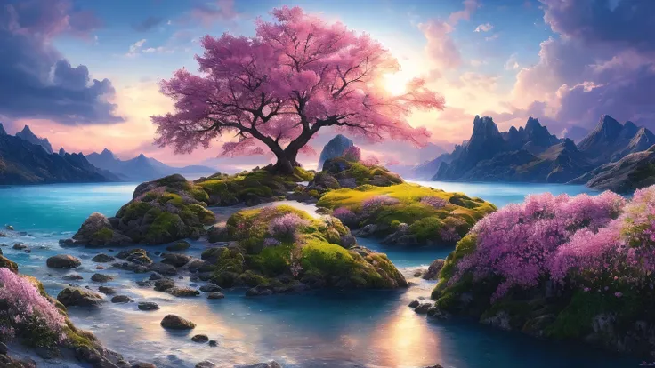 masterpiece, best quality, high quality, Extremely detailed CG unified 8k wallpaper, landscape, outdoor, Sky, cloud, Sky, no humans, Mountain, landscape, water, Tree, blue Sky, waterfall, cliff, nature, lake, river , 多cloud的Sky, Award-winning photography, ...