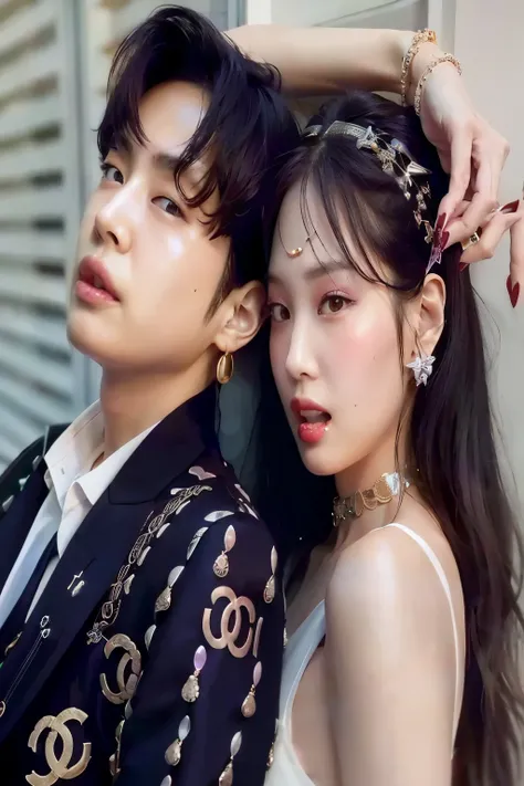 Araffe and a woman stand next to each other near a wall, Jeon Jungkook, Jennie Kim, Junglook Lee & uau, level, Ulzzang, k-pop, 💣 💥💣 💥, jia, lovely couple, 9k, 9k, 💣 💥, oficial artwork, sha xi, Yanjun Chengt, oficial