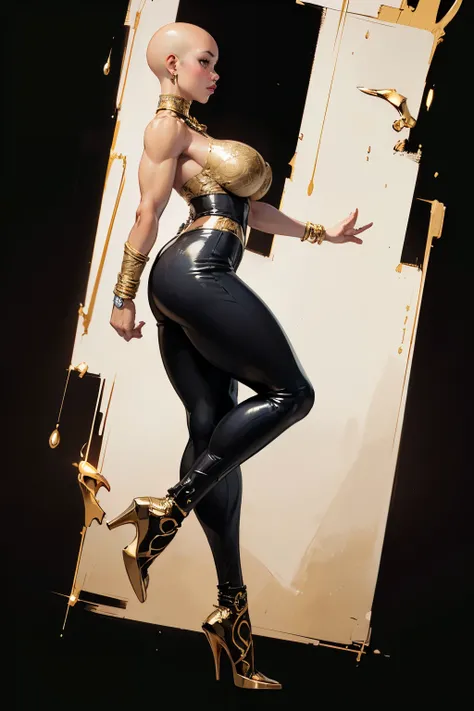 8k ((full body view)) (large eyes:1.3), (puffy lips:1.4), defined cheekbones, ((legs spread:1.1)), looking back, ((the pit style:1.4))((bra1.6)), tight pants, sash, ((intricate details:1.4))detailed face:1.5), light skin,(puffy lips:1.5) (light skin:1.6), ...