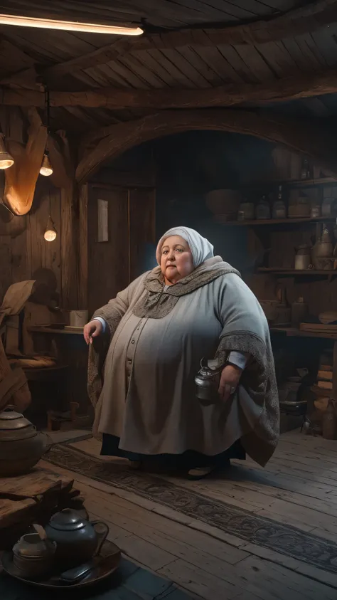 Cinematic soft lighting illuminates the obese old woman in stunning detail and surrealism , Wearing gorgeous wizard robes , The body is full of fat，deformation, Background gray interior, Popular content on ArtStation. Octane is the perfect tool to capture ...