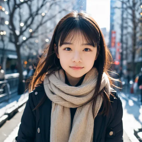 photorealistic, 8k full-length portraits, Beautiful woman, A charming expression, Clear system,  16 years old, Tokyo, winter, Shibuya in the background