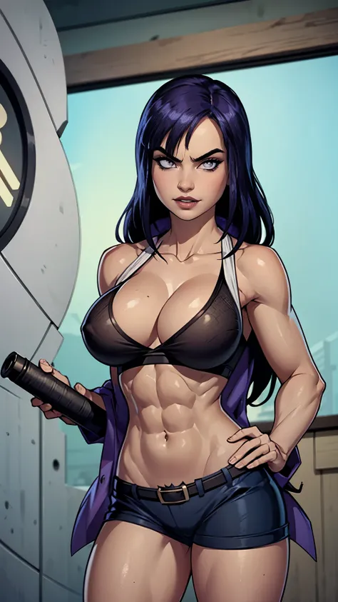 Hinata Hyuga usando as roupas da Ravena, DC Comics, extremamente sexy, muito linda, cabelos Longos,  bunda Grande, pernas grossas, fitness