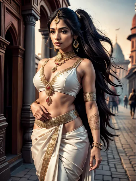 Portrait, a beautiful indian queen, classic, ultra detailed body, ultra detailed face, long pony hair, walking on a city street, white saree, medieval city buildings, medieval times, perfect anatomy, sexy, charming, majestic, tattooed hands, ultra quality,...