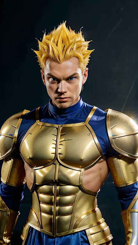 Prince Vegeta (male, golden yellow hair, wearing blue-silver armor, body builder). framing:(eye-level angle, upper-body, long-shot frontal). heaven backdrop, studio lighting.
