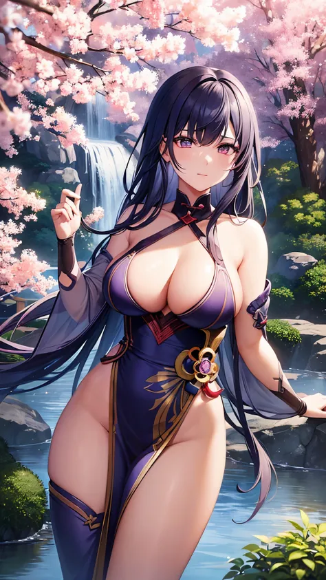 A girl with a sword and a powerful warrior from the game Genshin Impact, Ayaka and Raiden Shogun, are beautifully standing together in an ancient Japanese garden. Their eyes are exquisitely detailed, showing determination and strength. Ayaka has flowing si...