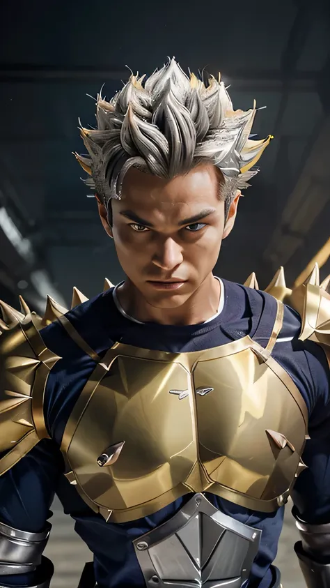 Prince Vegeta (male, golden yellow slightly spiky hair, wearing blue-silver armor, body builder). framing:(eye-level angle, upper-body, long-shot frontal). heaven backdrop, studio lighting. (blue-silver armor), (spiky hair)
