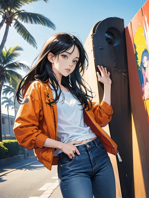 very colorful, orange and indigo tones, summer image, Palm tree, seaside, Anime girl with long black hair, wearing a jacket, blue jeans, perfect tall model body, cool beauty, That will happen, Anime drawing by Yang J, Trending at Art Station, realism, extr...