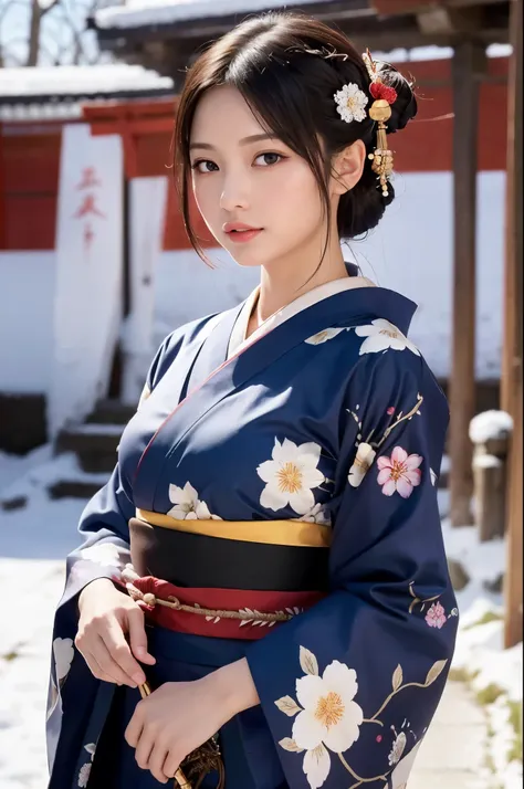 masterpiece:1.2, (realistic, photo-realistic:1.4), japanese shinto shrines in snowy landscapes, ((a beautiful japanese girl in a...