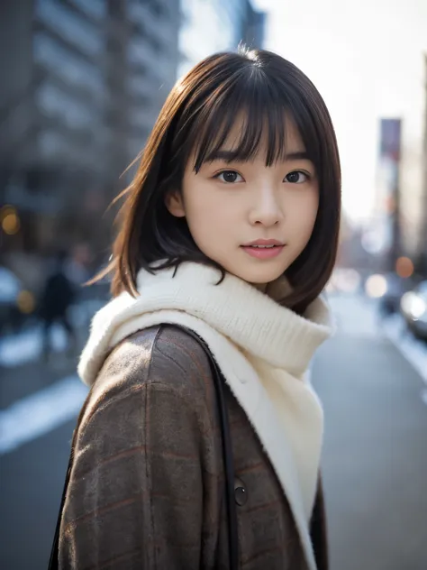 photorealistic, 8K, full body portrait, Beautiful woman, A charming expression, short hair, 16 years old, Tokyo, winter, Shibuya in the background