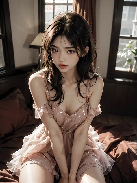 dress, Best quality, masterpiece, super high resolution, (fidelity: 1.4), original photo, 24-year-old sexy model, messy long hair, delicate face, feminine eyes, sitting on the bed with hands between your legs, shown in a positive perspective, surprising de...