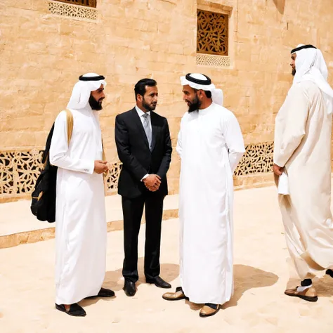 two are sheikhs wearing thawb dress and one business man in suit discussing with each other.