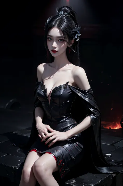 dress, Beautiful devil woman from hell, (in the darkness: 1.6), 大卫霍克尼和阿尔方斯穆夏的Surreal女性portrait, fantasy art, korean doll, photorealism, dynamic lighting, art station, poster, Volumetric lighting, The facial details are very rich, 8k, in the darkness, deep ...