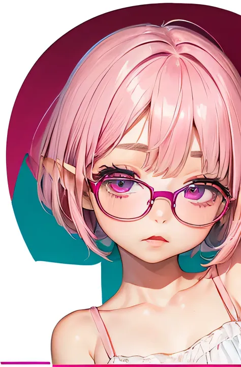 portrait of european girl,alone,20 years,beautiful face,uppser body,(((milky pink short bob hair:1.2、thick red glasses with smal...