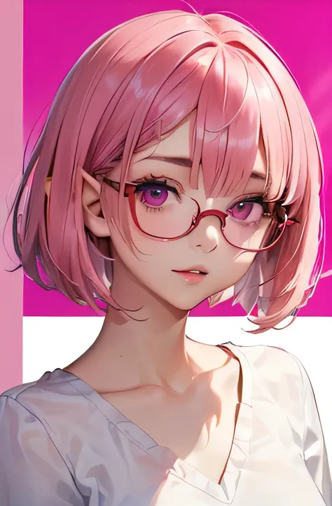 portrait of european girl,alone,20 years,beautiful face,uppser body,(((milky pink short bob hair:1.2、thick red glasses with smal...