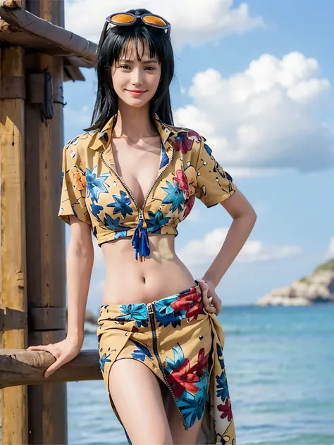 (((masterpiece))), NicoRobin, 1girl, solo, full body, long hair, looking at viewer, smile, blue eyes, large breasts, black hair, navel, holding, cleavage, closed mouth, standing, collarbone, jacket, short sleeves, cowboy shot, outdoors, sky, day, midriff, ...