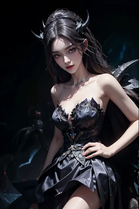 Sweet girl clothes4,strapless dress,jewelry, Beautiful devil woman from hell, (in the darkness: 1.6), 大卫霍克尼和阿尔方斯穆夏的Surreal女性portrait, fantasy art, korean doll, photorealism, dynamic lighting, art station, poster, Volumetric lighting, The facial details are...