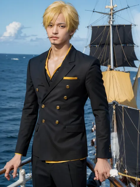 1man, sanji in anime one piece, short hair , yellow hair, black eyes, handsome, black suit, smoking a cigarette,realistic clothe...