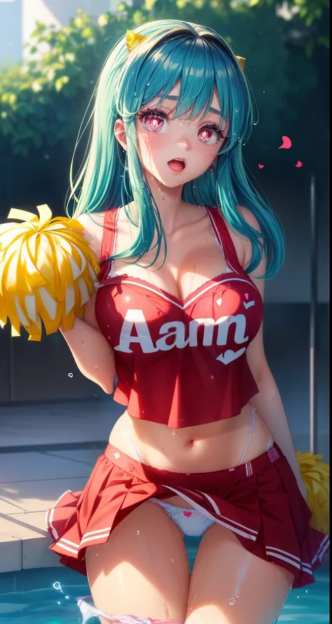 ram invader, detailed breasts, anime dick, (cheerleader: 1.2), （white panties:1.4）,muste piece, best quality, open mouth, tooth, ultra-detailed breasts, Yellow eyes, cute eyes, detailed face, a cute girl, big chest, red face, (wet with water: 1.2), General...