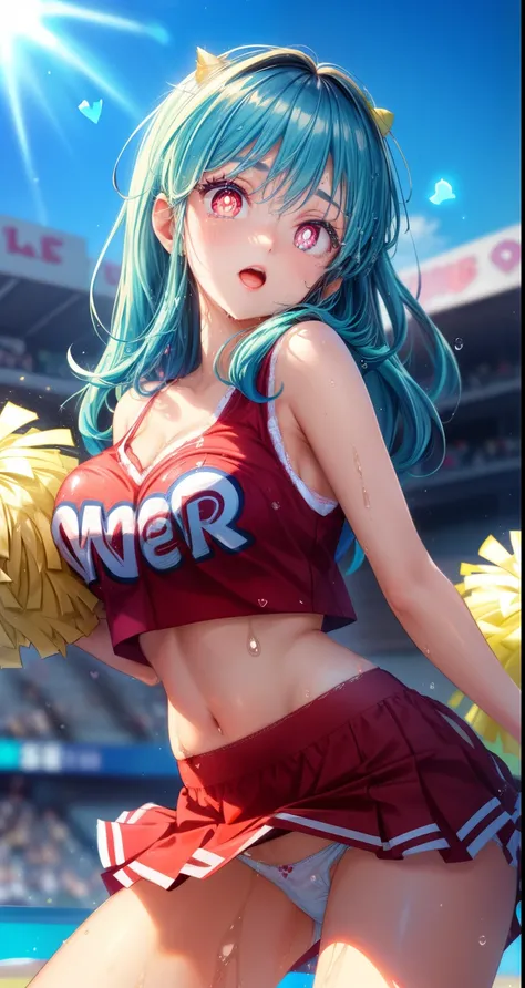 ram invader, detailed breasts, anime dick, (cheerleader: 1.2), （white panties:1.4）,muste piece, best quality, open mouth, tooth, ultra-detailed breasts, Yellow eyes, cute eyes, detailed face, a cute girl, big chest, red face, (wet with water: 1.2), General...