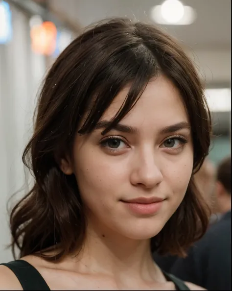 Cute beautiful sexy European light-green-eyed brunette, 22 years old, 

girl is wearing evening dress ,girl is in focus, background is out of focus, depth of field, seductive sardonic smile, shopping street,

tiny waist, very detailed, innocent face, face-...