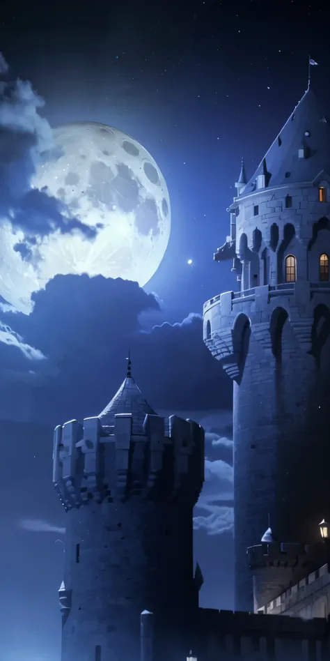 high quality, ultra detailed, masterpiece, realistic, night sky,moon, castle 