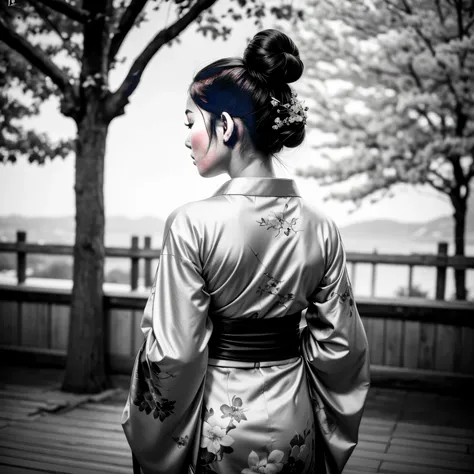 1 geisha of 20 years old showing her back, wearing kimono, top bun black hair, fair skin, cherry blossom on hair, tranquil countryside, perfect composition, 8 k artistic photography, arte conceitual fotorrealista, Chiaroscuro, noir, monochrome, grayscale, ...