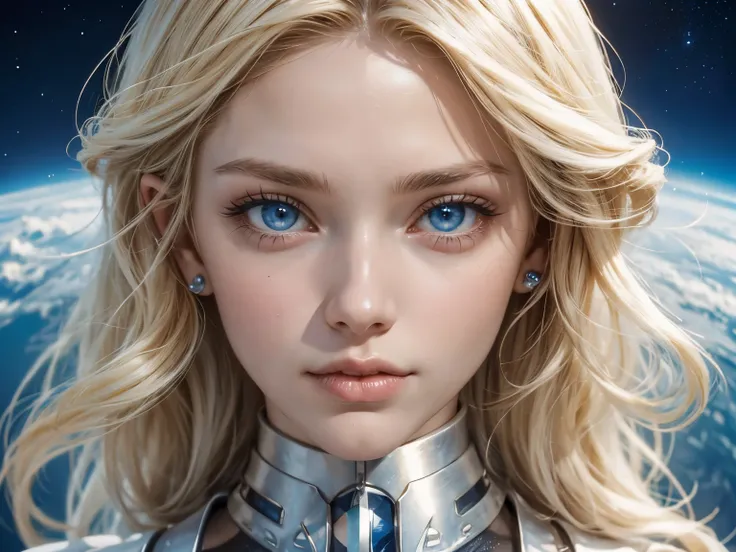 Upper body close-up image. A beautiful woman with blonde hair and blue eyes. Beautiful double eyes. The bridge of my nose. Thin, well-shaped lips. Silver-white metallic clothing. Blue planet on female background. A masterpiece.
