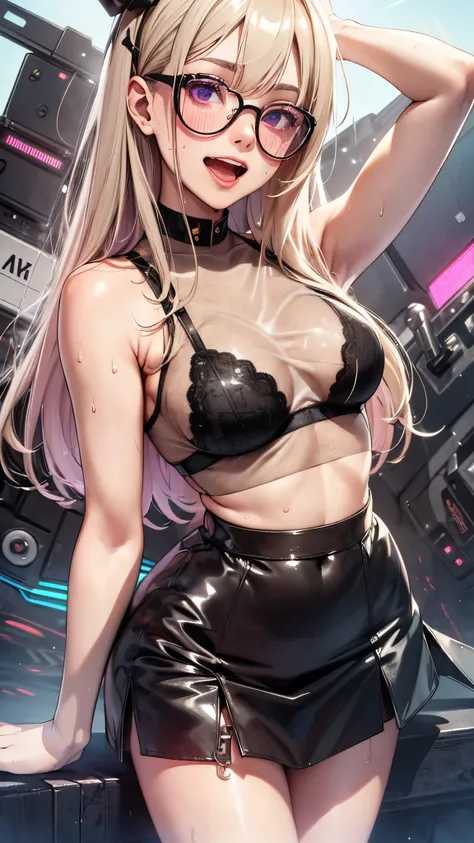 1 female,golden hair,25 years old,(((Blue shiny micro tight skirt)))((white tank top))(((blush cheeks、open mouth smile)),(((straight hair))),(((Portrait))),crowd,,(wet with sweat)(Sexy black bra with see-through tank top)(glasses)(((small breasts)))