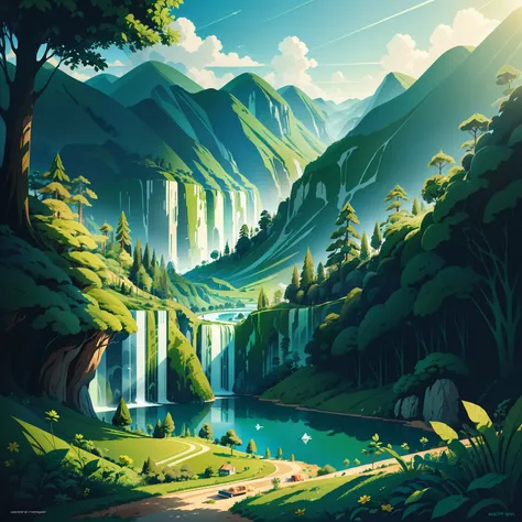 earth day poster, flat illustration beautiful green nature landscape blue, green, yellow,  background, bright colors, chiaroscuro, Ultra high definition, 4k, flat illustration vector art sharp focus (gigapixel)  ((masterpiece)) summer sunshine